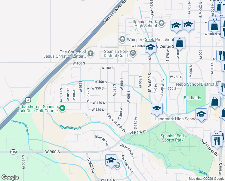 map of restaurants, bars, coffee shops, grocery stores, and more near 332 South 950 West in Spanish Fork