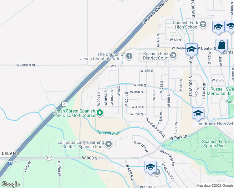 map of restaurants, bars, coffee shops, grocery stores, and more near 362 South 1230 West in Spanish Fork