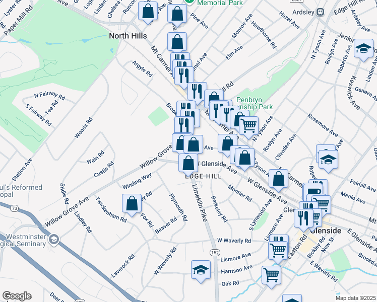 map of restaurants, bars, coffee shops, grocery stores, and more near 65 Limekiln Pike in Glenside