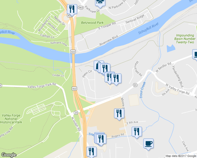 map of restaurants, bars, coffee shops, grocery stores, and more near 10205 Valley Forge Circle in King of Prussia