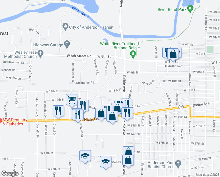 map of restaurants, bars, coffee shops, grocery stores, and more near 2518 West 11th Street in Anderson