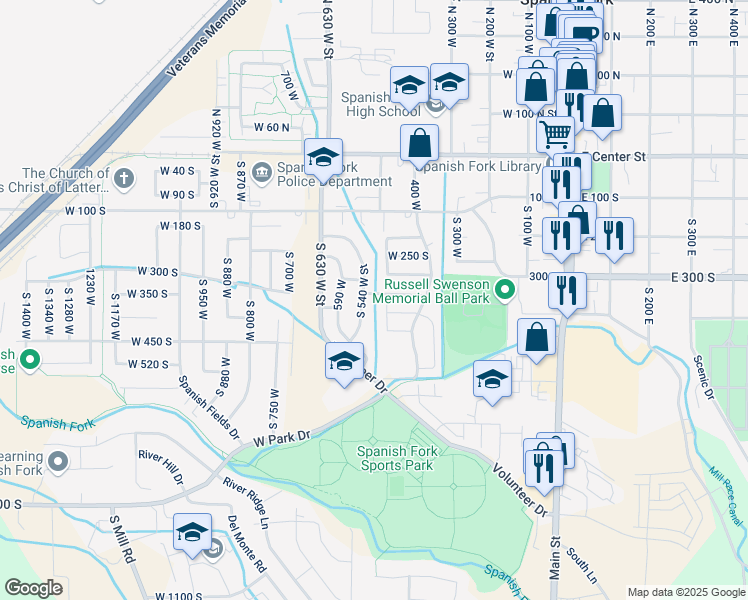 map of restaurants, bars, coffee shops, grocery stores, and more near 507 350 South in Spanish Fork