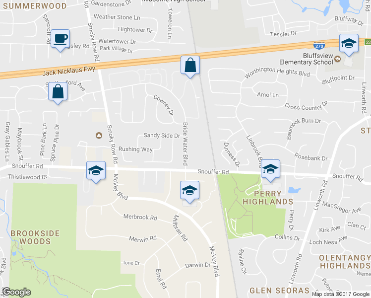 map of restaurants, bars, coffee shops, grocery stores, and more near 7202 Bride Water Boulevard in Columbus