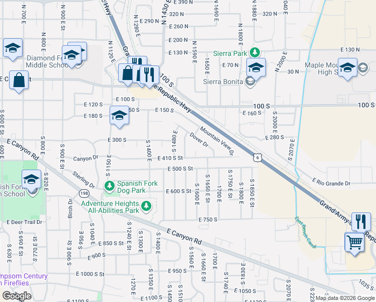 map of restaurants, bars, coffee shops, grocery stores, and more near 327 South 1530 East Road in Spanish Fork