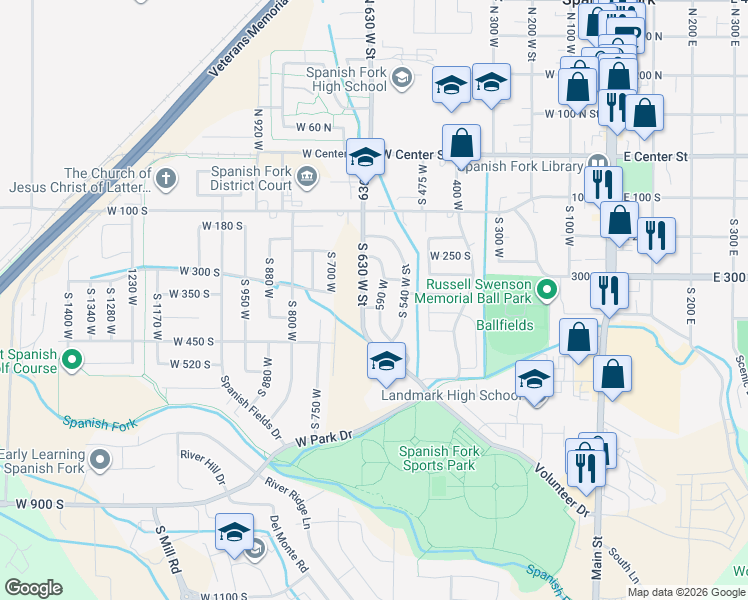 map of restaurants, bars, coffee shops, grocery stores, and more near 313 South 590 West Street in Spanish Fork