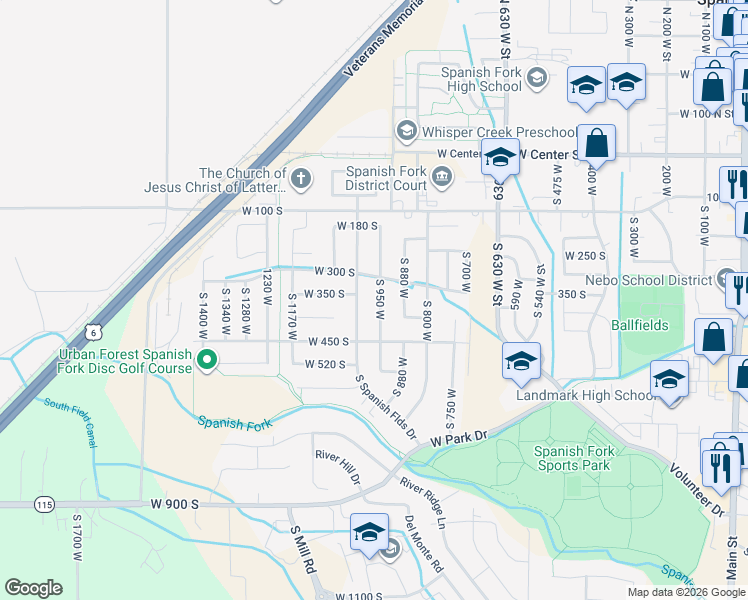 map of restaurants, bars, coffee shops, grocery stores, and more near 332 South 950 West in Spanish Fork