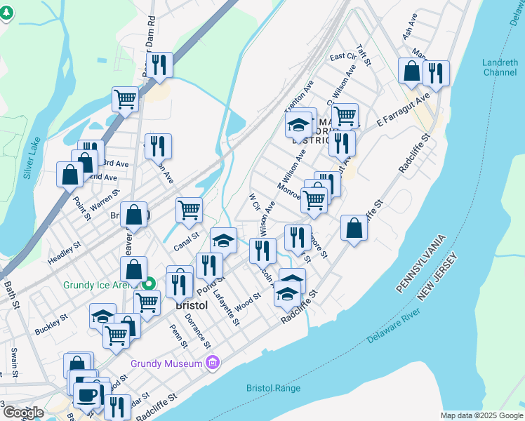 map of restaurants, bars, coffee shops, grocery stores, and more near 1327 Wilson Avenue in Bristol