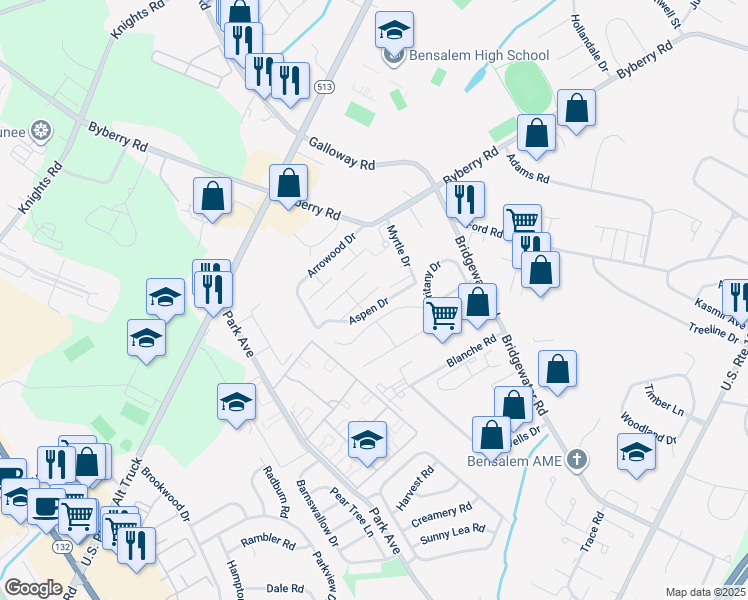 map of restaurants, bars, coffee shops, grocery stores, and more near 1931 Beech Lane in Bensalem