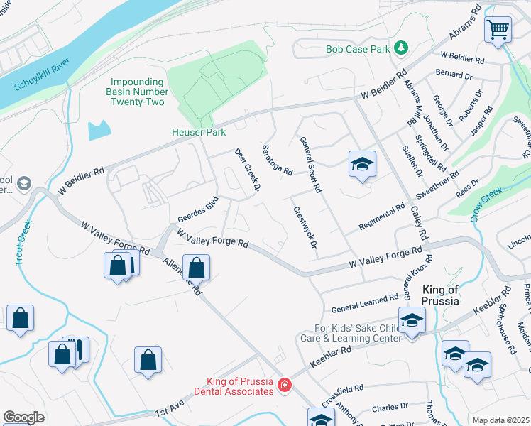 map of restaurants, bars, coffee shops, grocery stores, and more near 756 Deer Creek Drive in King of Prussia