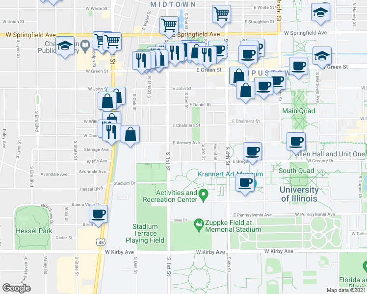 map of restaurants, bars, coffee shops, grocery stores, and more near 110 East Armory Avenue in Champaign