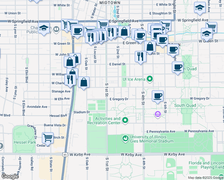 map of restaurants, bars, coffee shops, grocery stores, and more near 110 East Armory Avenue in Champaign