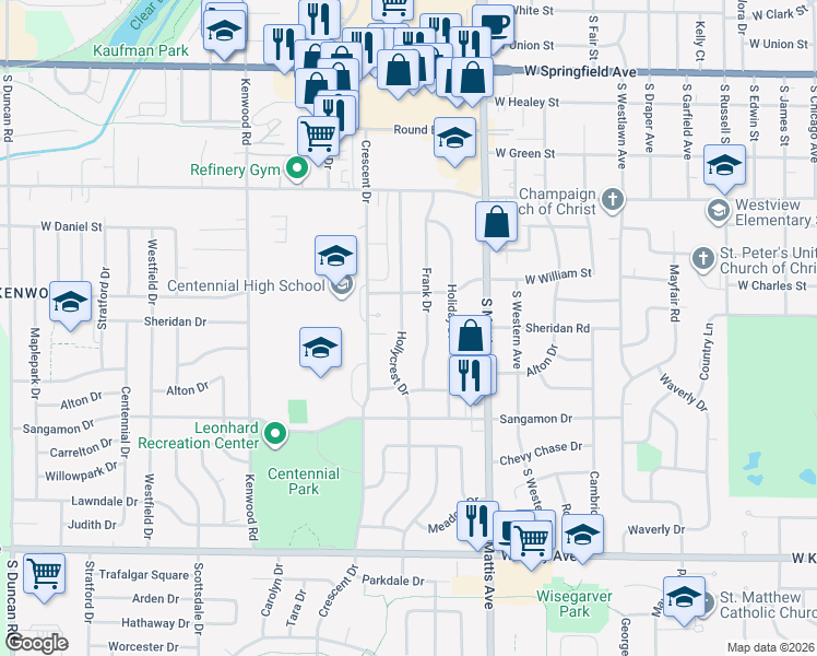 map of restaurants, bars, coffee shops, grocery stores, and more near 1006 Hollycrest Drive in Champaign