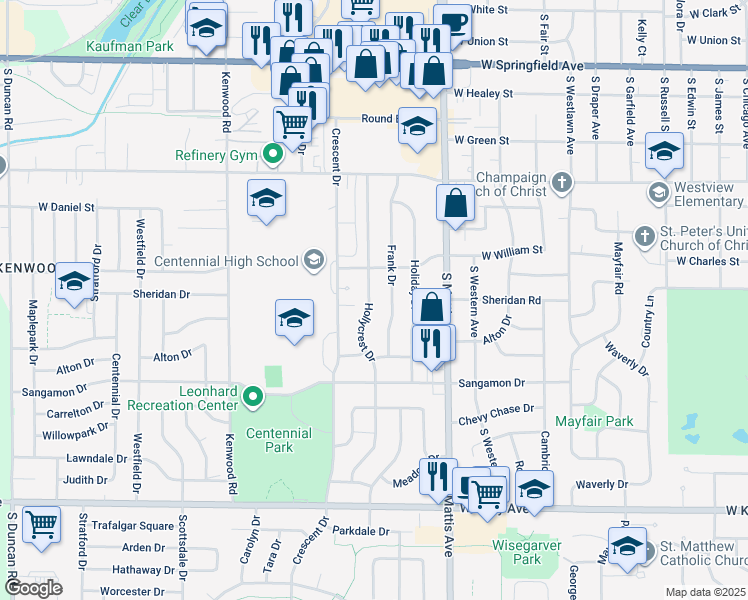 map of restaurants, bars, coffee shops, grocery stores, and more near 1006 Hollycrest Drive in Champaign