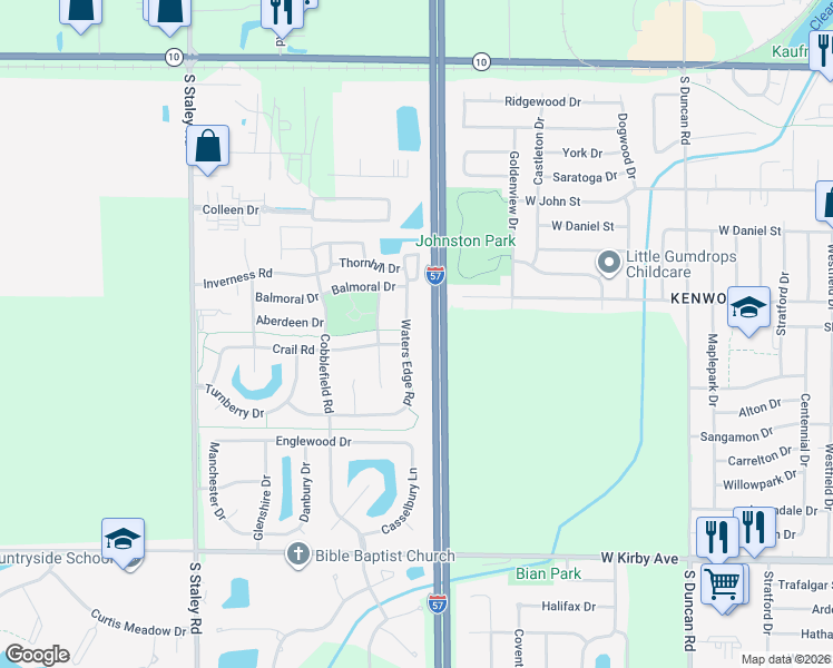 map of restaurants, bars, coffee shops, grocery stores, and more near 1005 Waters Edge Road in Champaign