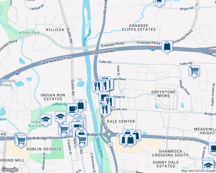 map of restaurants, bars, coffee shops, grocery stores, and more near 4454 Larimer Street in Dublin