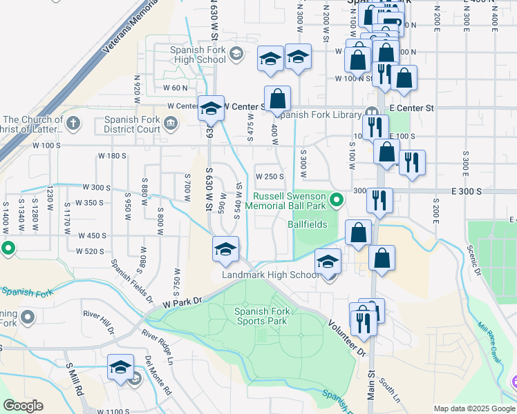 map of restaurants, bars, coffee shops, grocery stores, and more near 453 350 South in Spanish Fork