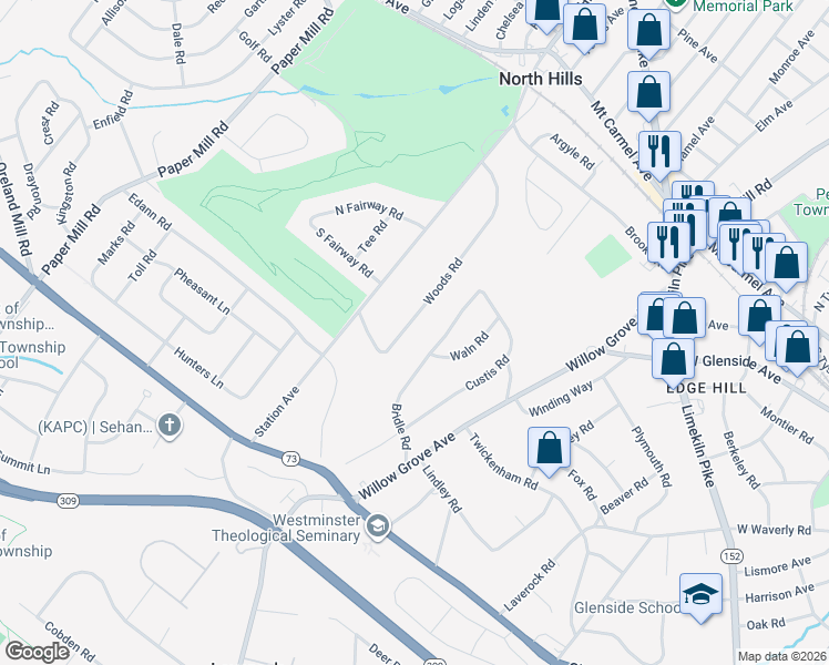 map of restaurants, bars, coffee shops, grocery stores, and more near 316 Woods Road in Glenside