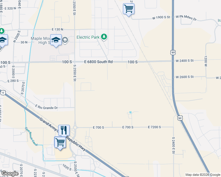 map of restaurants, bars, coffee shops, grocery stores, and more near 263 South 2550 East in Spanish Fork