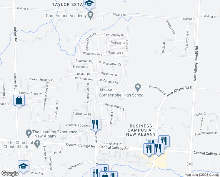 map of restaurants, bars, coffee shops, grocery stores, and more near 7172 Billy Goat Drive in New Albany