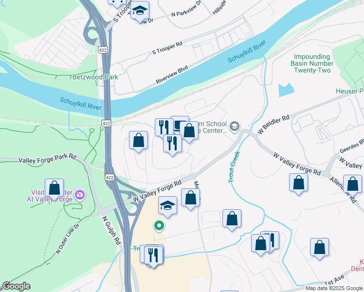 map of restaurants, bars, coffee shops, grocery stores, and more near 3000 Valley Forge Circle in King of Prussia