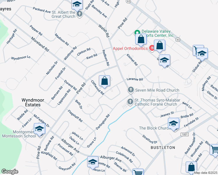 map of restaurants, bars, coffee shops, grocery stores, and more near 9310 Laramie Road in Philadelphia