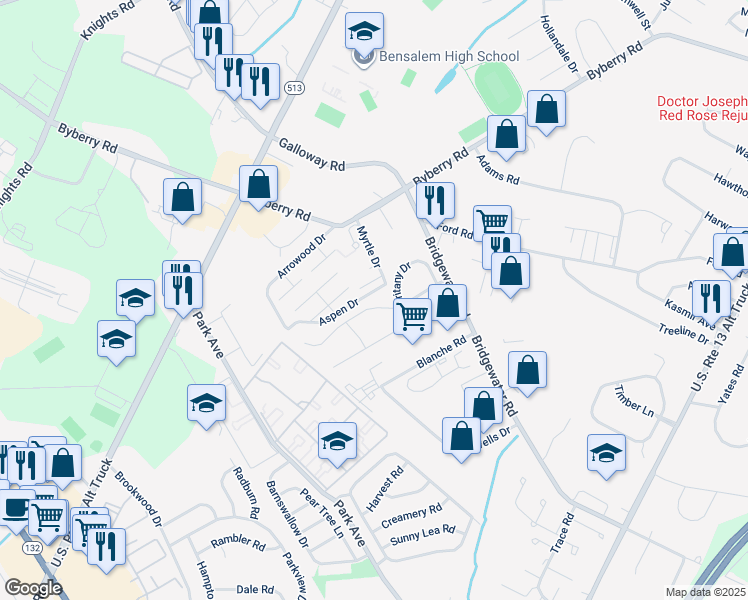 map of restaurants, bars, coffee shops, grocery stores, and more near 2018 Deerfield Drive in Bucks County