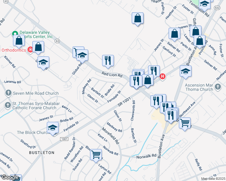 map of restaurants, bars, coffee shops, grocery stores, and more near 9965 Bridle Rd in Philadelphia