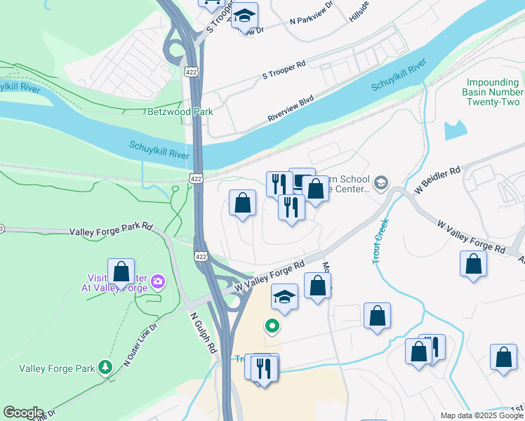 map of restaurants, bars, coffee shops, grocery stores, and more near 10309 Valley Forge Cir in King of Prussia