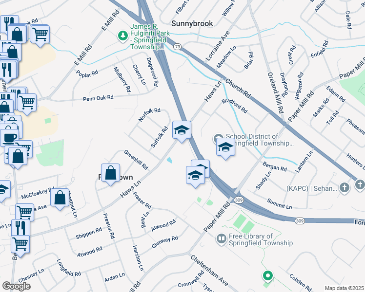 map of restaurants, bars, coffee shops, grocery stores, and more near 500 Haws Lane in Flourtown