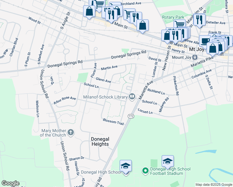 map of restaurants, bars, coffee shops, grocery stores, and more near 525 School Lane in Mount Joy