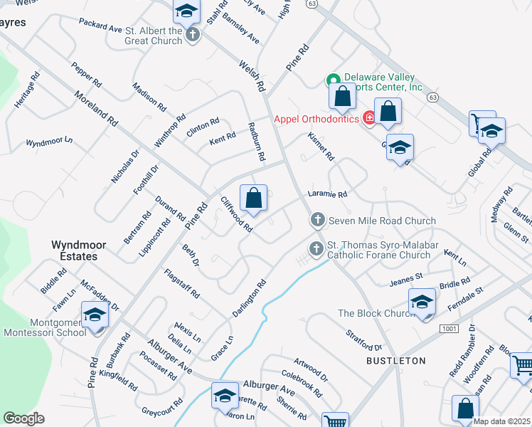 map of restaurants, bars, coffee shops, grocery stores, and more near 9310 Laramie Road in Philadelphia