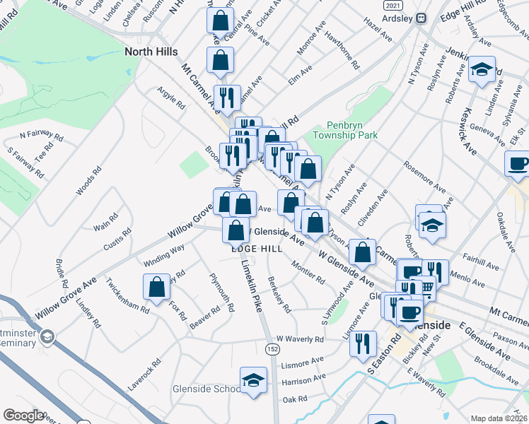 map of restaurants, bars, coffee shops, grocery stores, and more near 507 East Avenue in Glenside