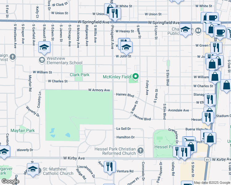 map of restaurants, bars, coffee shops, grocery stores, and more near 810 Haines Boulevard in Champaign