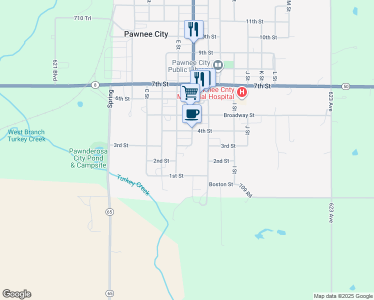 map of restaurants, bars, coffee shops, grocery stores, and more near 323 F Street in Pawnee City