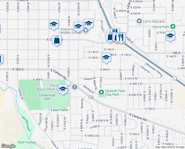 map of restaurants, bars, coffee shops, grocery stores, and more near 346 South Nebo Drive in Spanish Fork