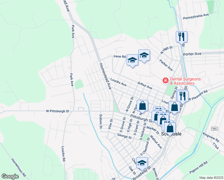 map of restaurants, bars, coffee shops, grocery stores, and more near 201 Homestead Avenue in Scottdale