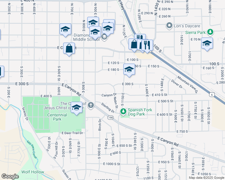 map of restaurants, bars, coffee shops, grocery stores, and more near 346 South Nebo Drive in Spanish Fork