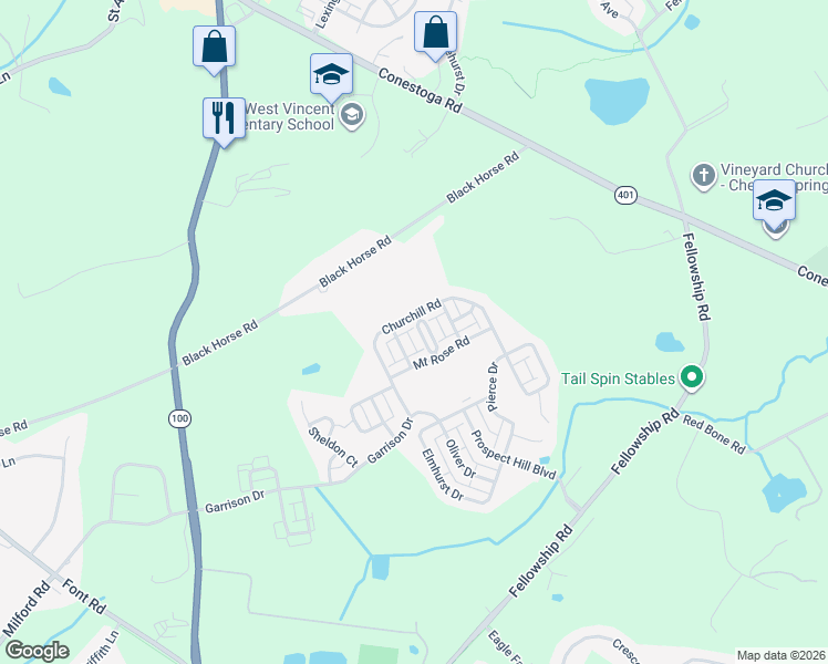 map of restaurants, bars, coffee shops, grocery stores, and more near 663 Churchill Road in Chester Springs