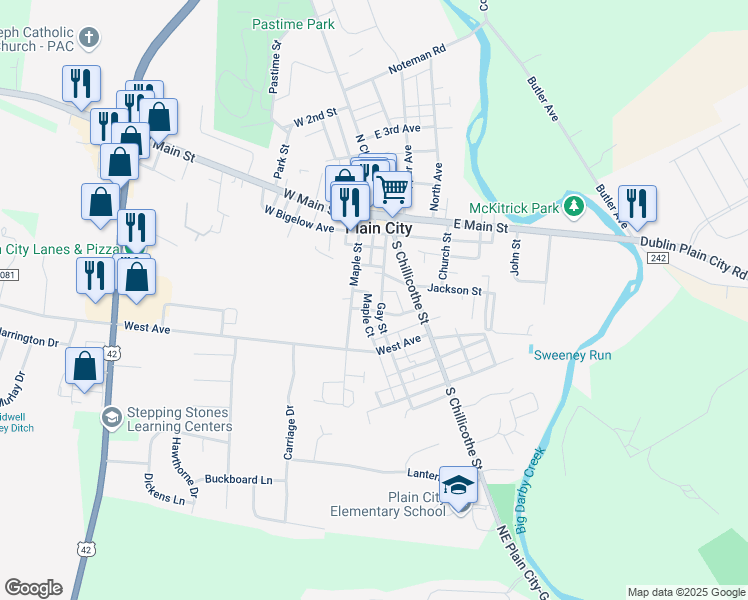 map of restaurants, bars, coffee shops, grocery stores, and more near 269 Maple Court in Plain City