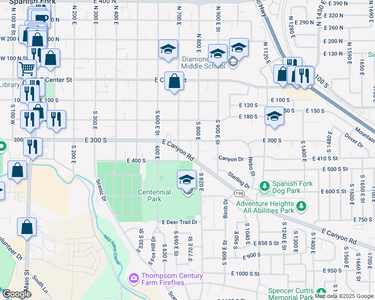 map of restaurants, bars, coffee shops, grocery stores, and more near 735 East Canyon Road in Spanish Fork
