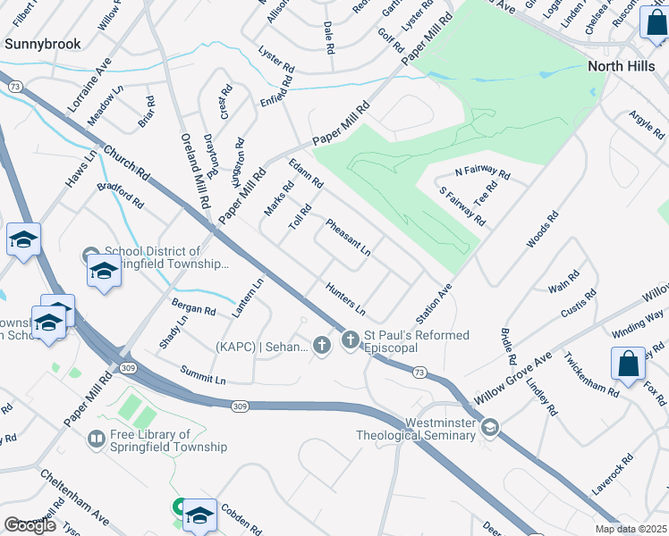 map of restaurants, bars, coffee shops, grocery stores, and more near 1006 East Heather Road in Oreland
