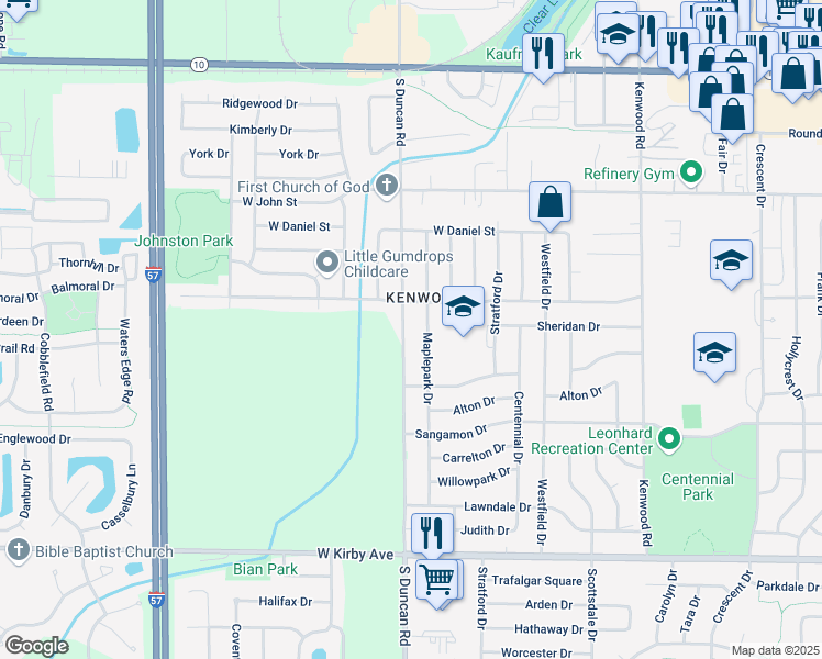 map of restaurants, bars, coffee shops, grocery stores, and more near 1005 Maplepark Drive in Champaign