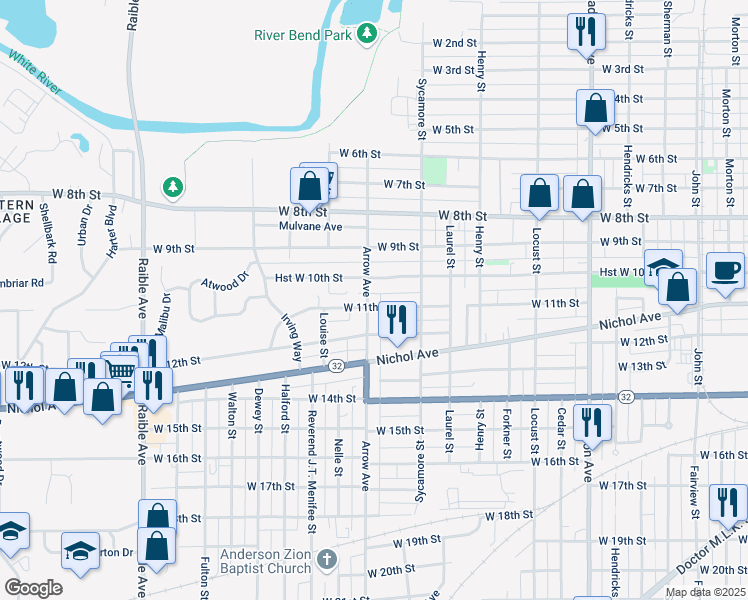 map of restaurants, bars, coffee shops, grocery stores, and more near 1010 Arrow Avenue in Anderson