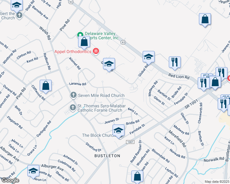 map of restaurants, bars, coffee shops, grocery stores, and more near 646 Kismet Road in Philadelphia