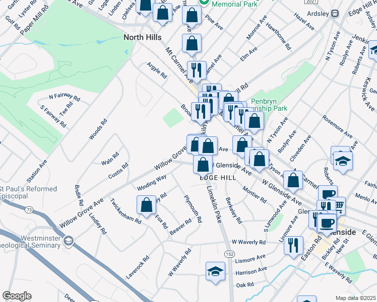 map of restaurants, bars, coffee shops, grocery stores, and more near 70 Limekiln Pike in Glenside