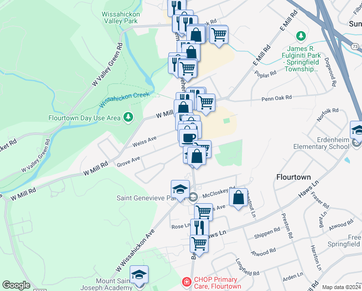 map of restaurants, bars, coffee shops, grocery stores, and more near 11A Grove Avenue in Flourtown