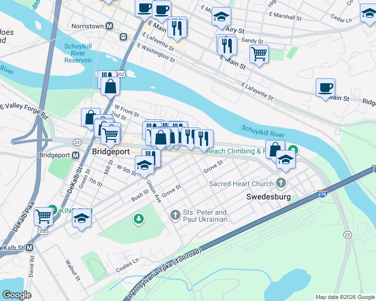 map of restaurants, bars, coffee shops, grocery stores, and more near in Bridgeport