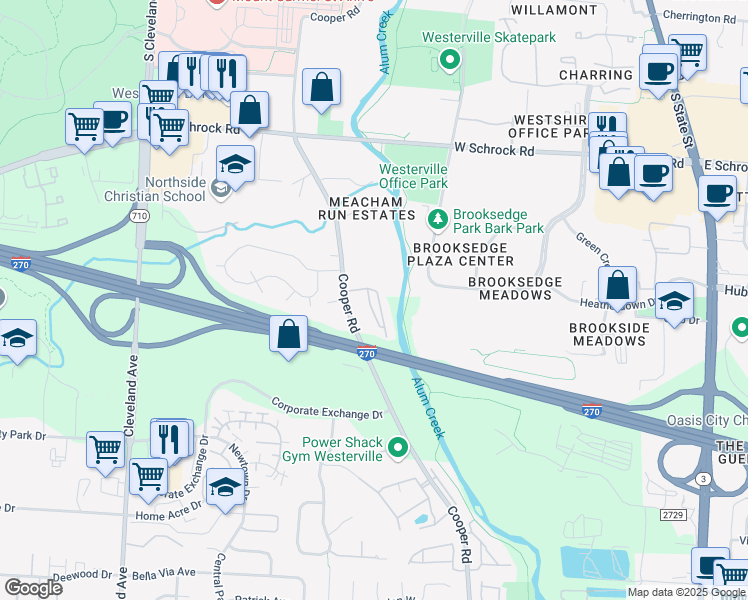 map of restaurants, bars, coffee shops, grocery stores, and more near 6591 Cooper Meadows Road in Westerville