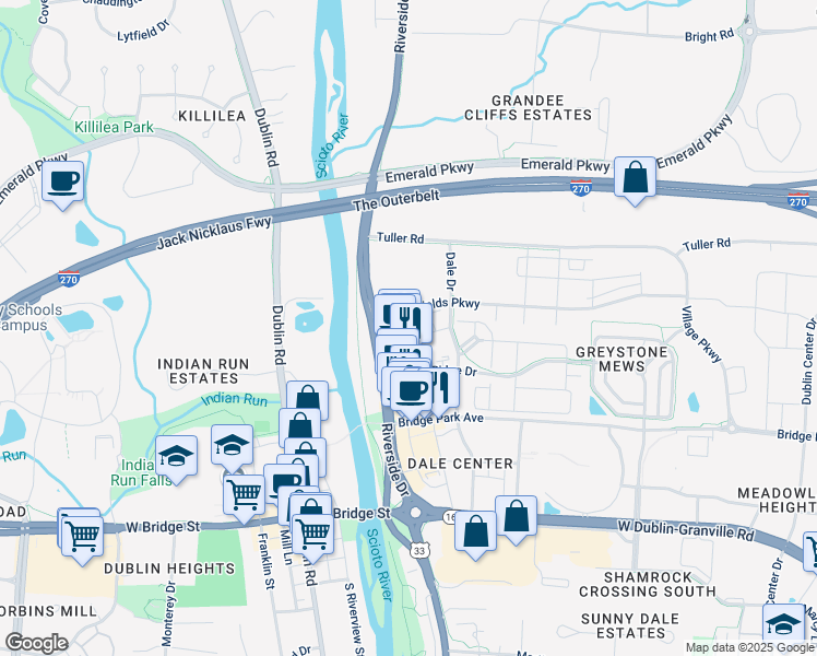 map of restaurants, bars, coffee shops, grocery stores, and more near 4454 Larimer Street in Dublin