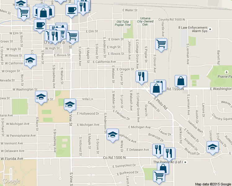 map of restaurants, bars, coffee shops, grocery stores, and more near 805 East Washington Street in Urbana